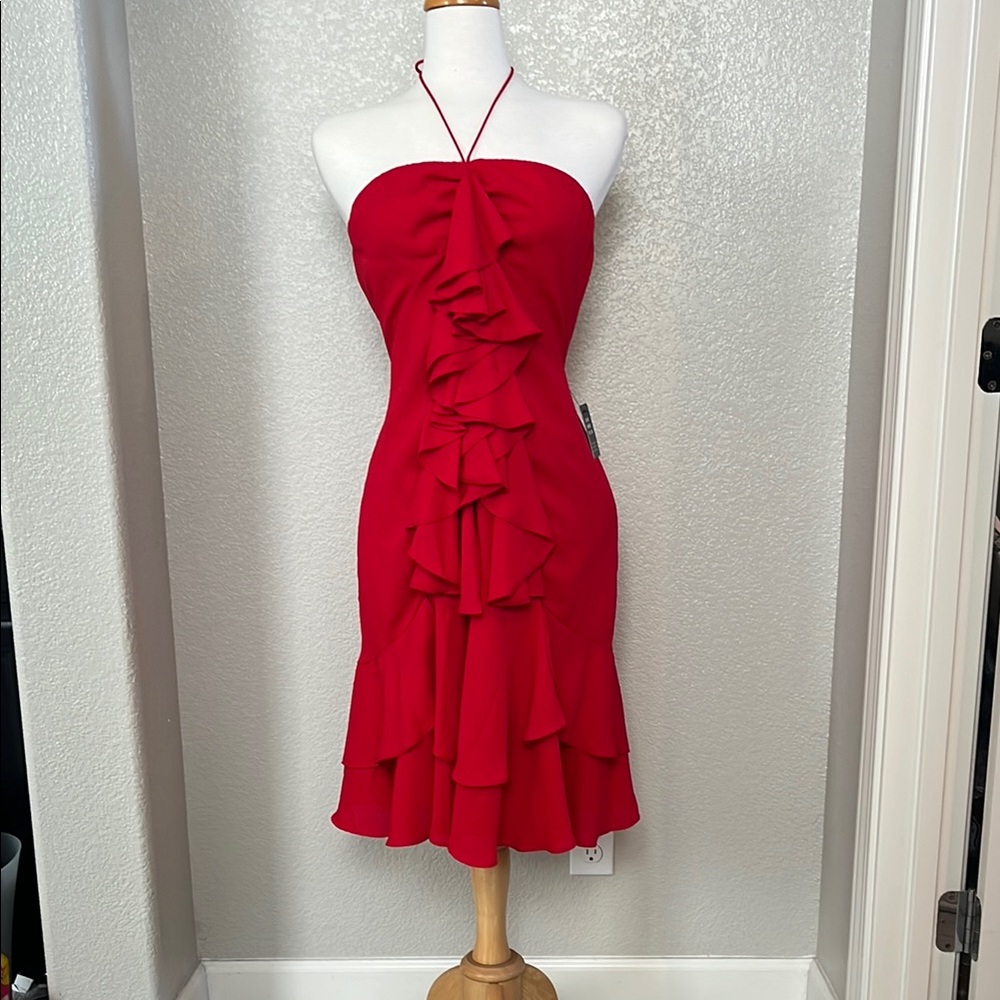 NWT Express Red Ruffled Tiered Halter Cocktail Dress size Medium